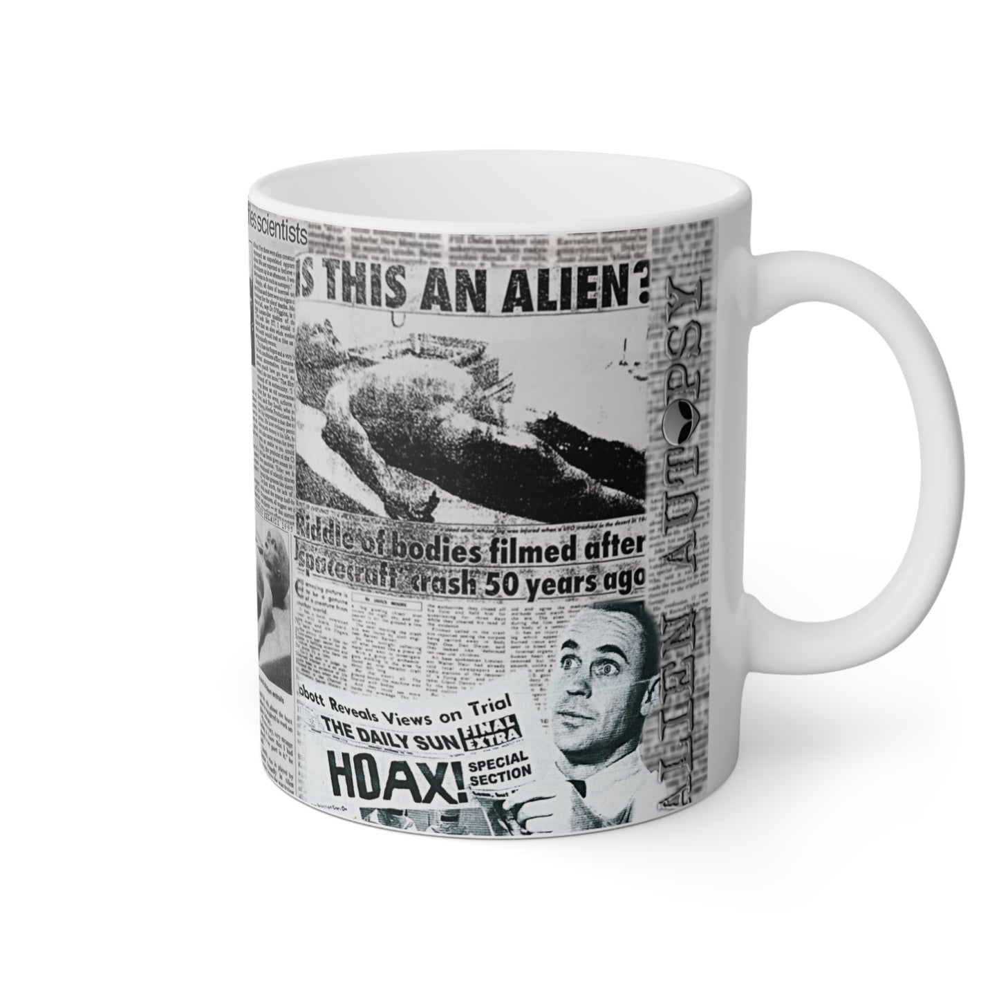 ALIEN AUTOPSY NEWSPAPERS WHITE GLOSSY MUG 11 OZ