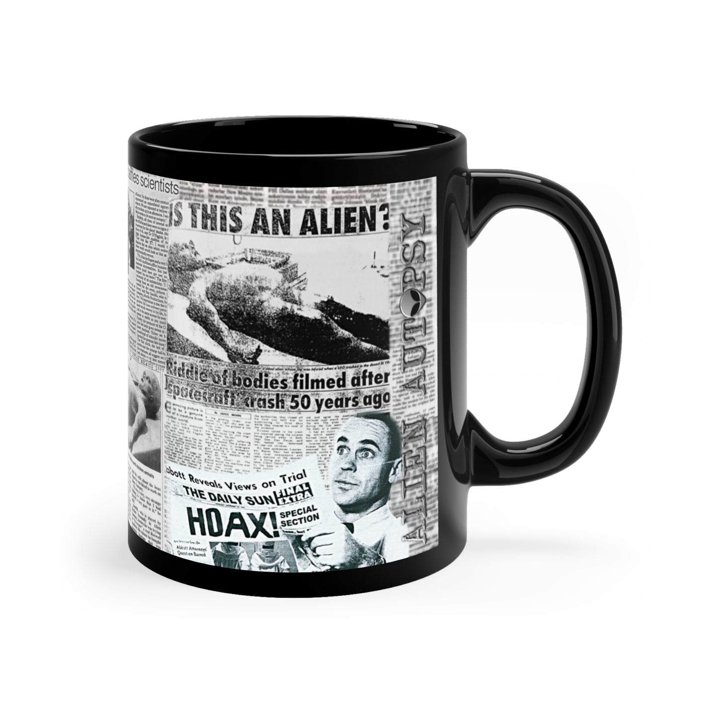 ALIEN AUTOPSY NEWSPAPERS BLACK GLOSSY MUG 11 OZ