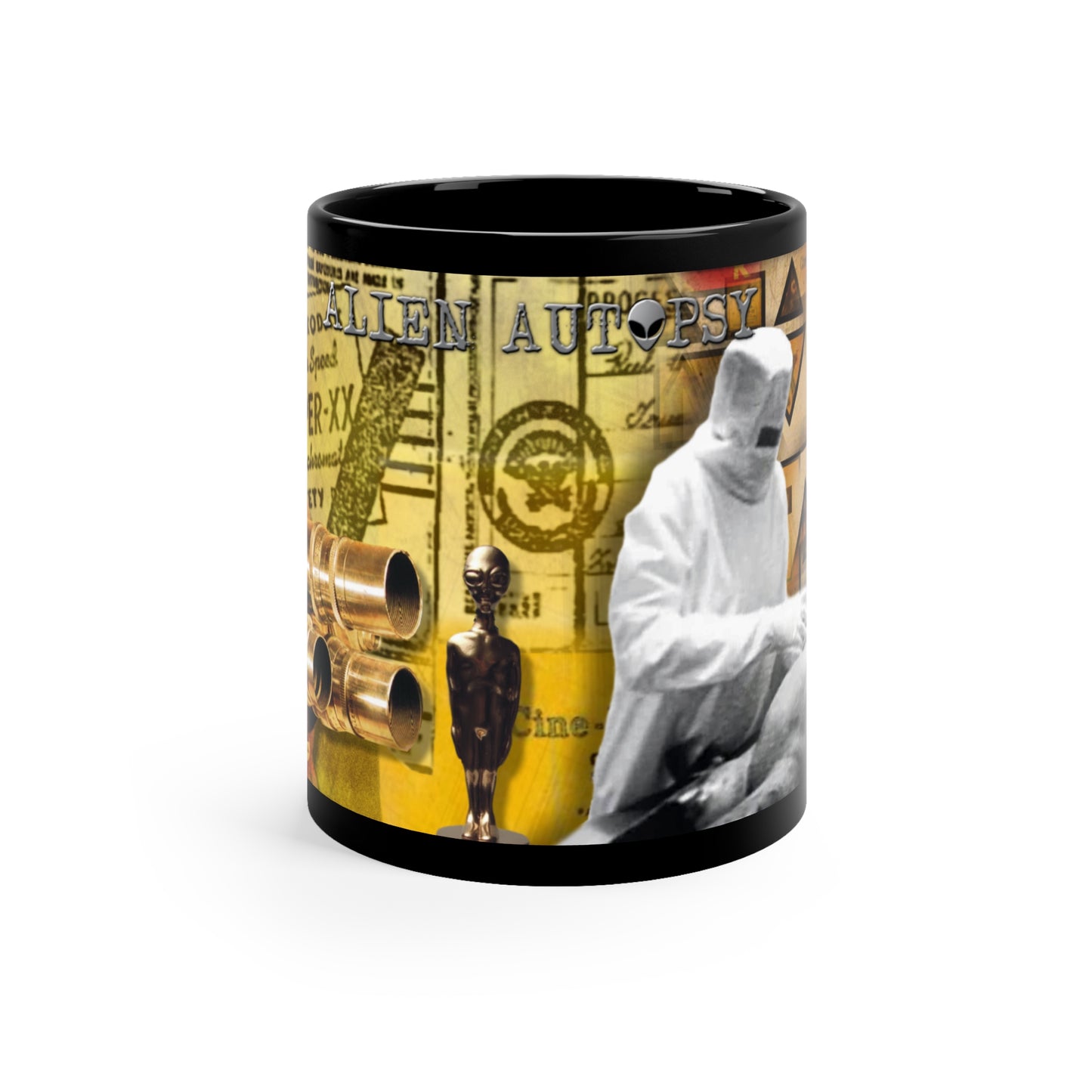 ALIEN AUTOPSY MONTAGE BLACK GLOSSY MUG 11 OZ