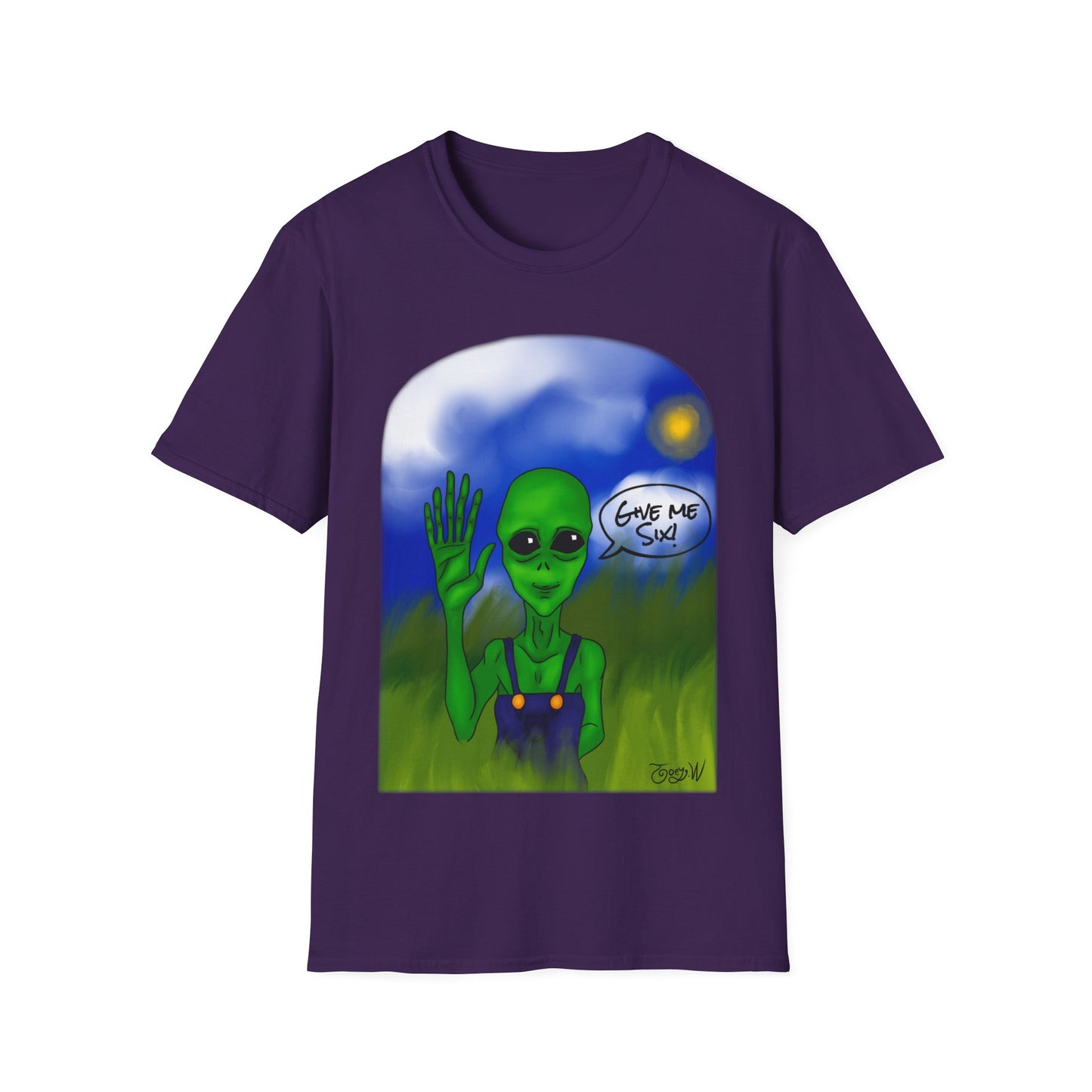 GIVE ME SIX FEATURING WATTS THE FRIENDLY ALIEN BY JOEY WATTS UNISEX SOFTSTYLE T-SHIRT