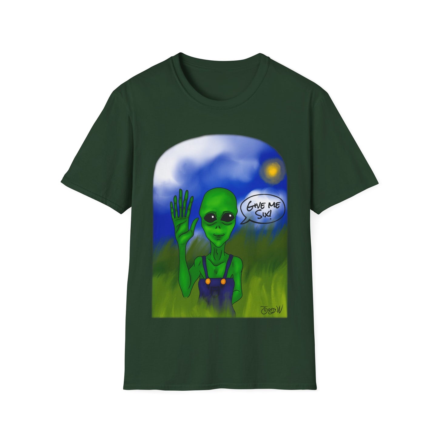 GIVE ME SIX FEATURING WATTS THE FRIENDLY ALIEN BY JOEY WATTS UNISEX SOFTSTYLE T-SHIRT