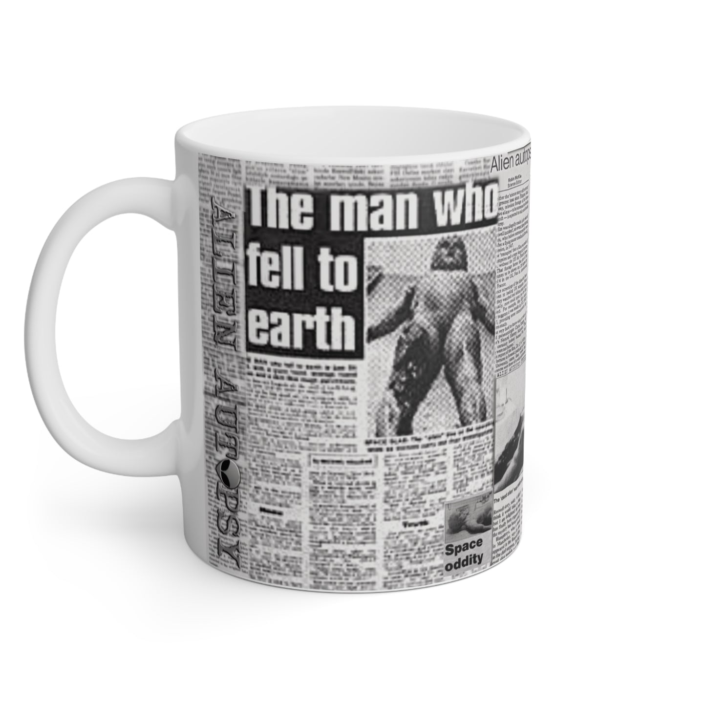 ALIEN AUTOPSY NEWSPAPERS WHITE GLOSSY MUG 11 OZ