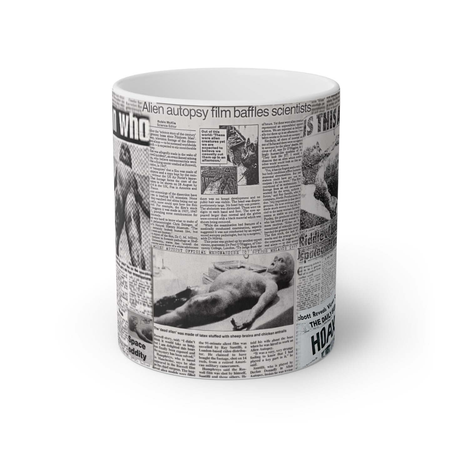ALIEN AUTOPSY NEWSPAPERS WHITE GLOSSY MUG 11 OZ