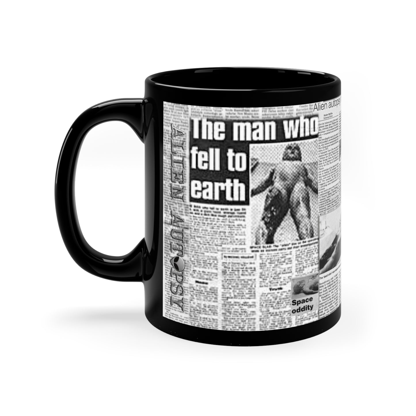 ALIEN AUTOPSY NEWSPAPERS BLACK GLOSSY MUG 11 OZ