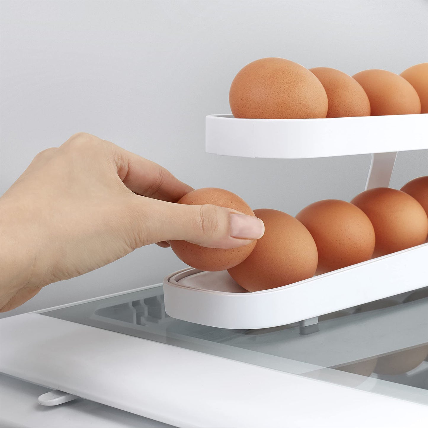 GA Automatic Scrolling Egg Rack Holder Storage Box Egg Basket Container Organizer Rolldown Refrigerator Egg Dispenser For Kitchen Gadgets