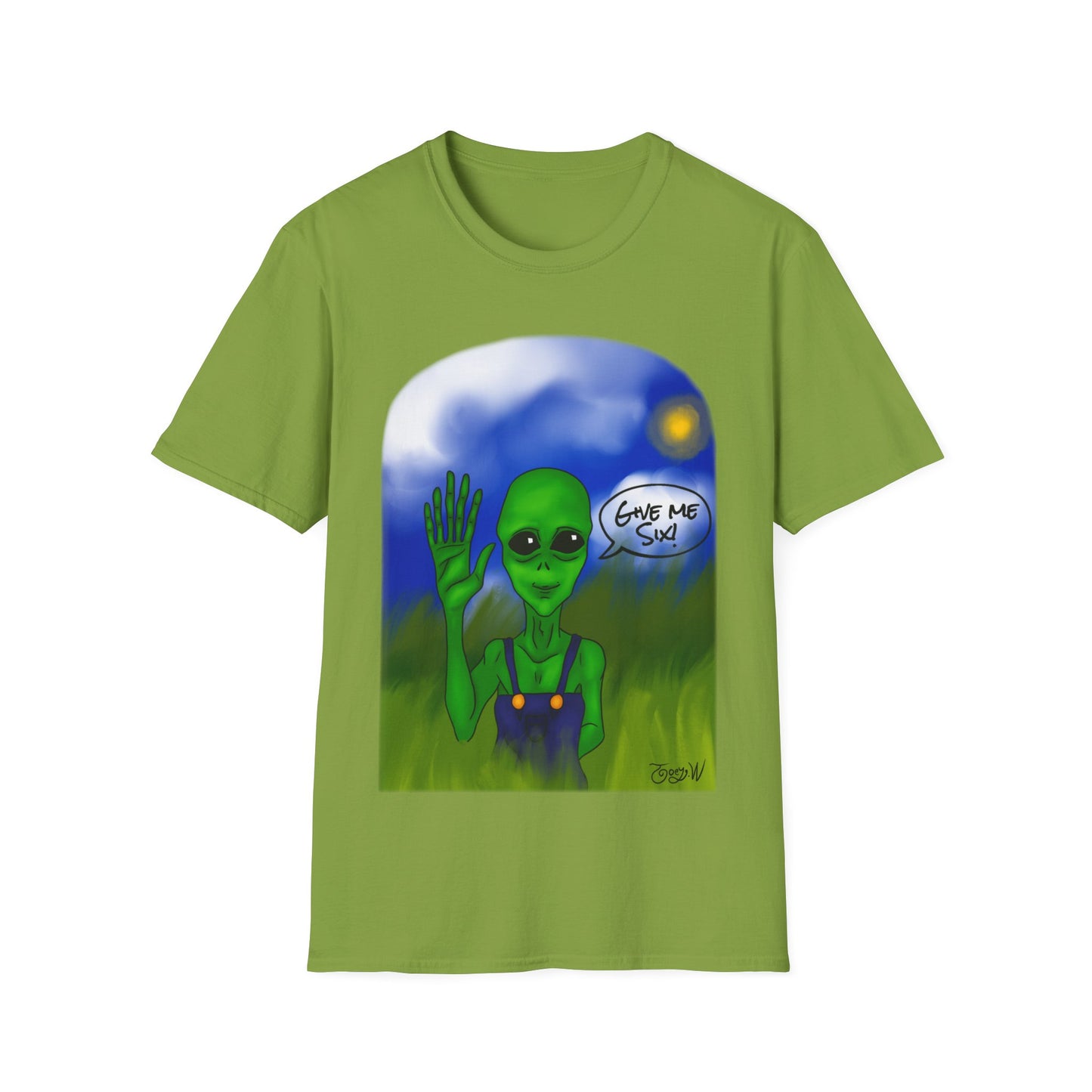 GIVE ME SIX FEATURING WATTS THE FRIENDLY ALIEN BY JOEY WATTS UNISEX SOFTSTYLE T-SHIRT