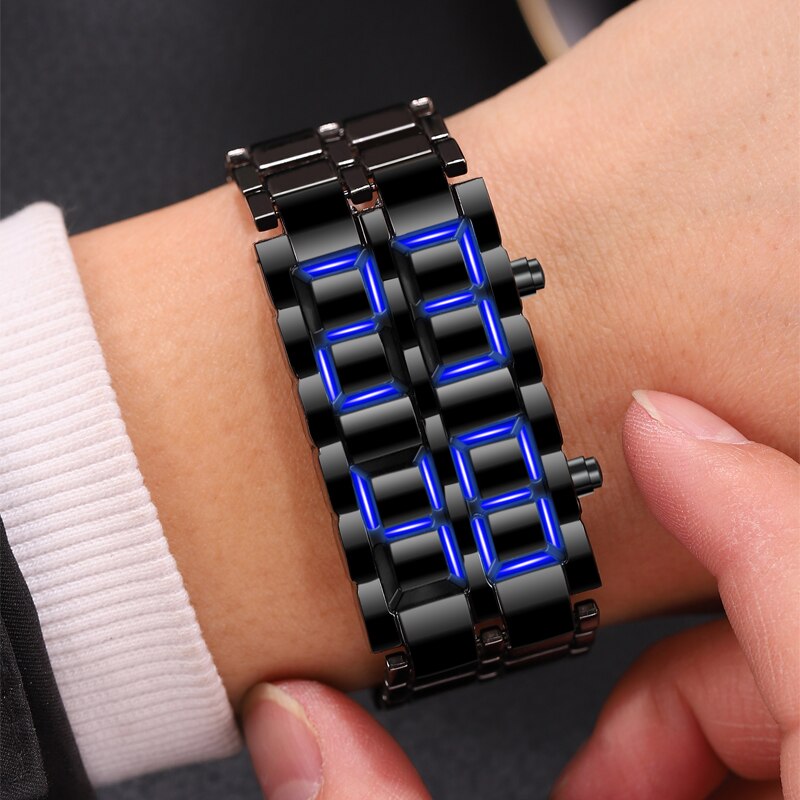 ALIEN LAVA DIGITAL BLUE BRACELET WATCH WITH LED DISPLAY, FULL METAL UNISEX SPAGE AGE SPORT CREATIVE CLOCK