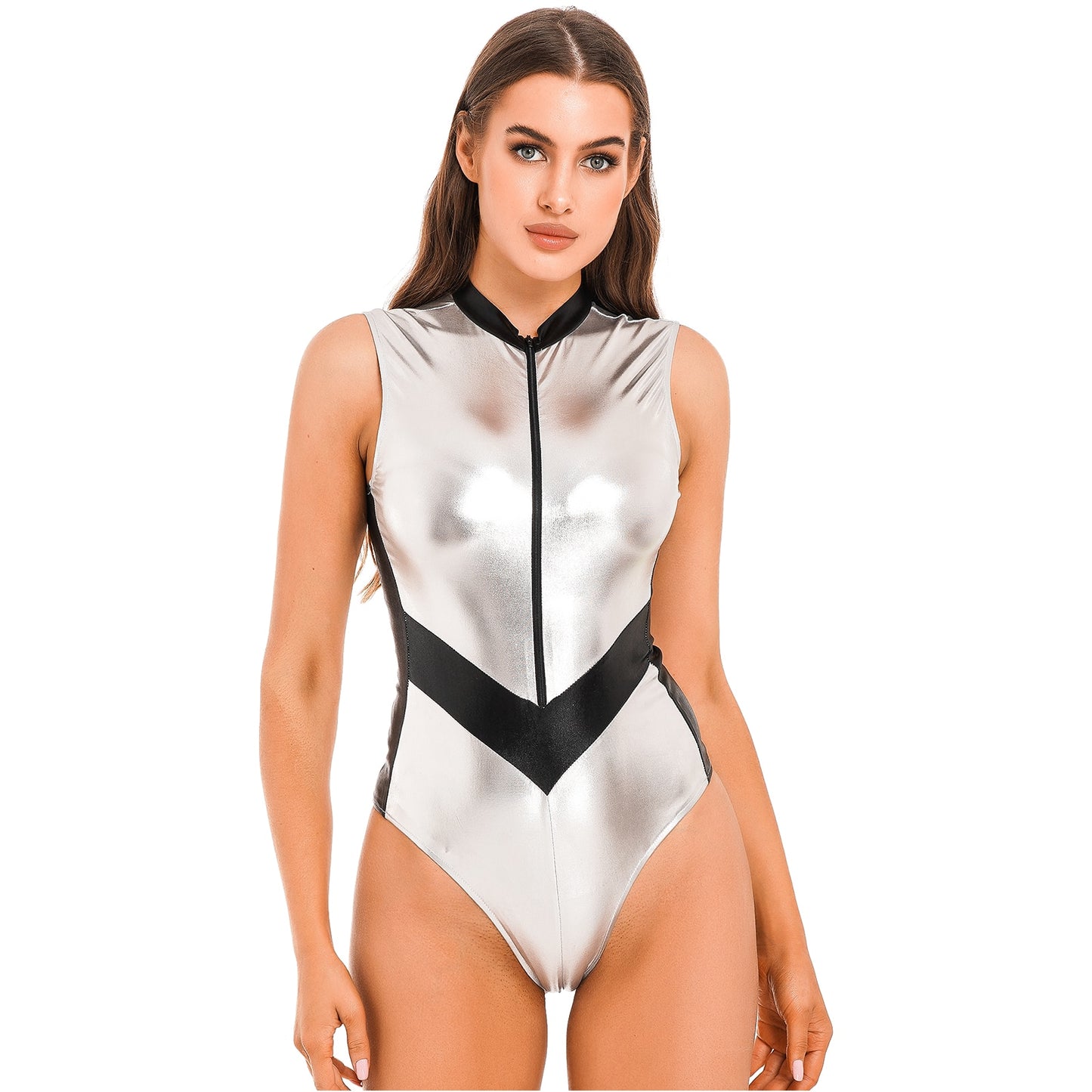 C "Space Girl" Shiny Metallic Sleeveless Zipper Stand Collar Leotard Catsuit Cosplay Pole Dance Costume Festival Rave Outfit Clubwear