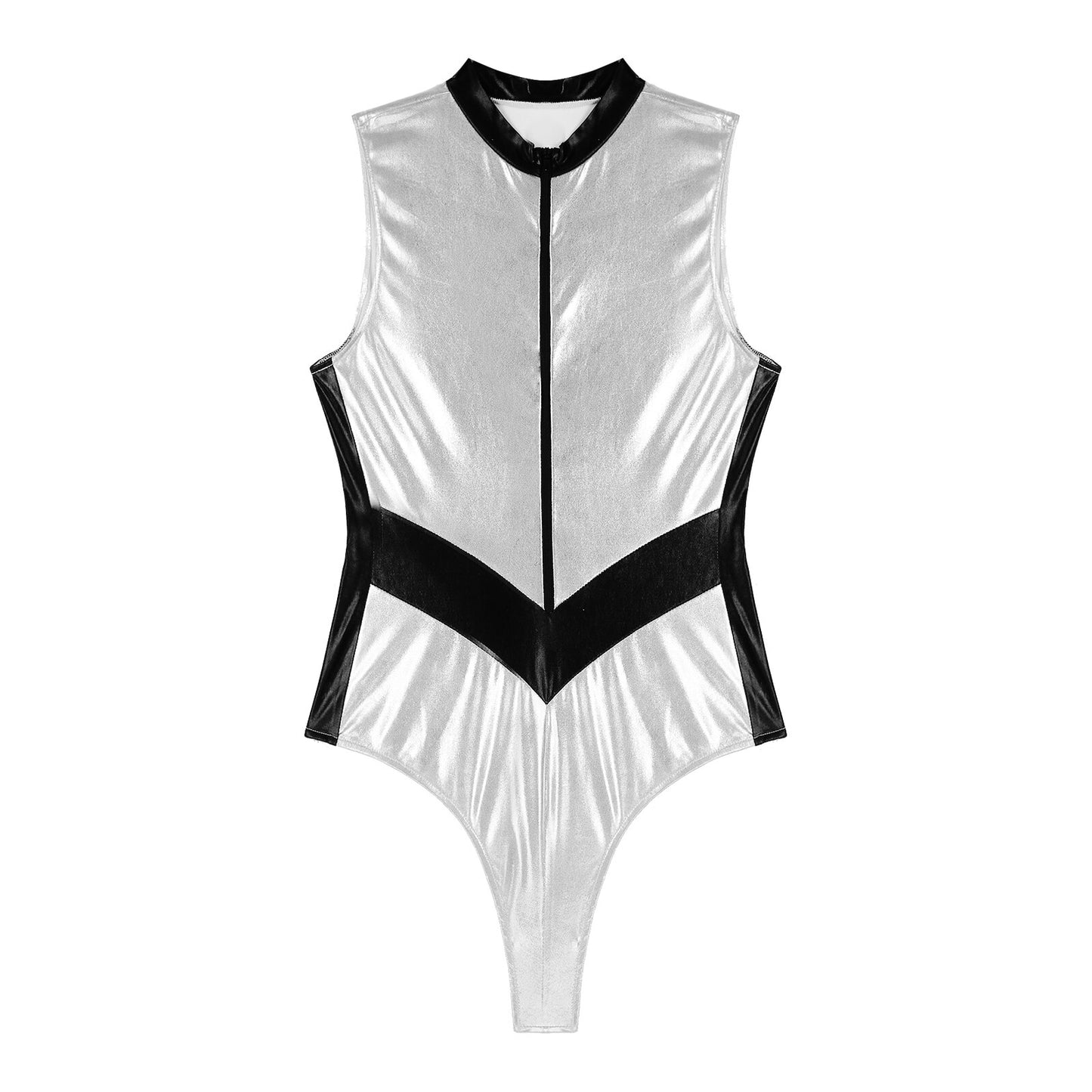 C "Space Girl" Shiny Metallic Sleeveless Zipper Stand Collar Leotard Catsuit Cosplay Pole Dance Costume Festival Rave Outfit Clubwear
