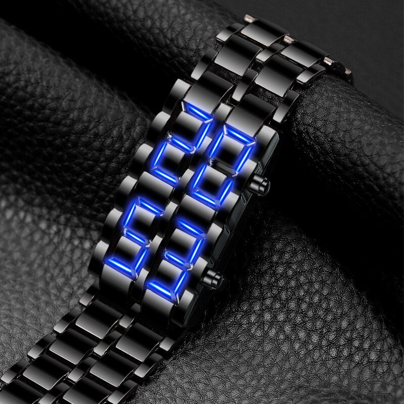 ALIEN LAVA DIGITAL BLUE BRACELET WATCH WITH LED DISPLAY, FULL METAL UNISEX SPAGE AGE SPORT CREATIVE CLOCK