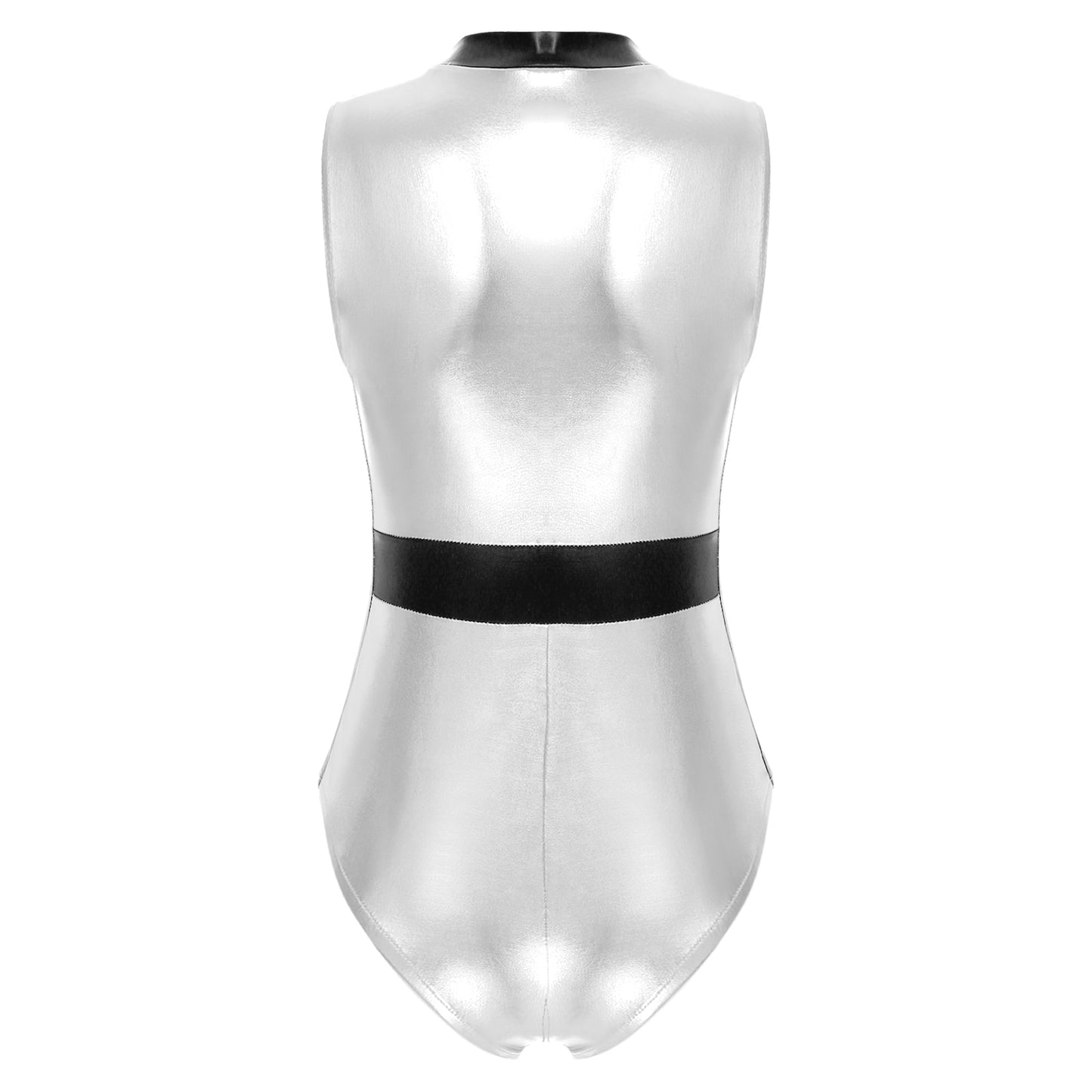 C "Space Girl" Shiny Metallic Sleeveless Zipper Stand Collar Leotard Catsuit Cosplay Pole Dance Costume Festival Rave Outfit Clubwear