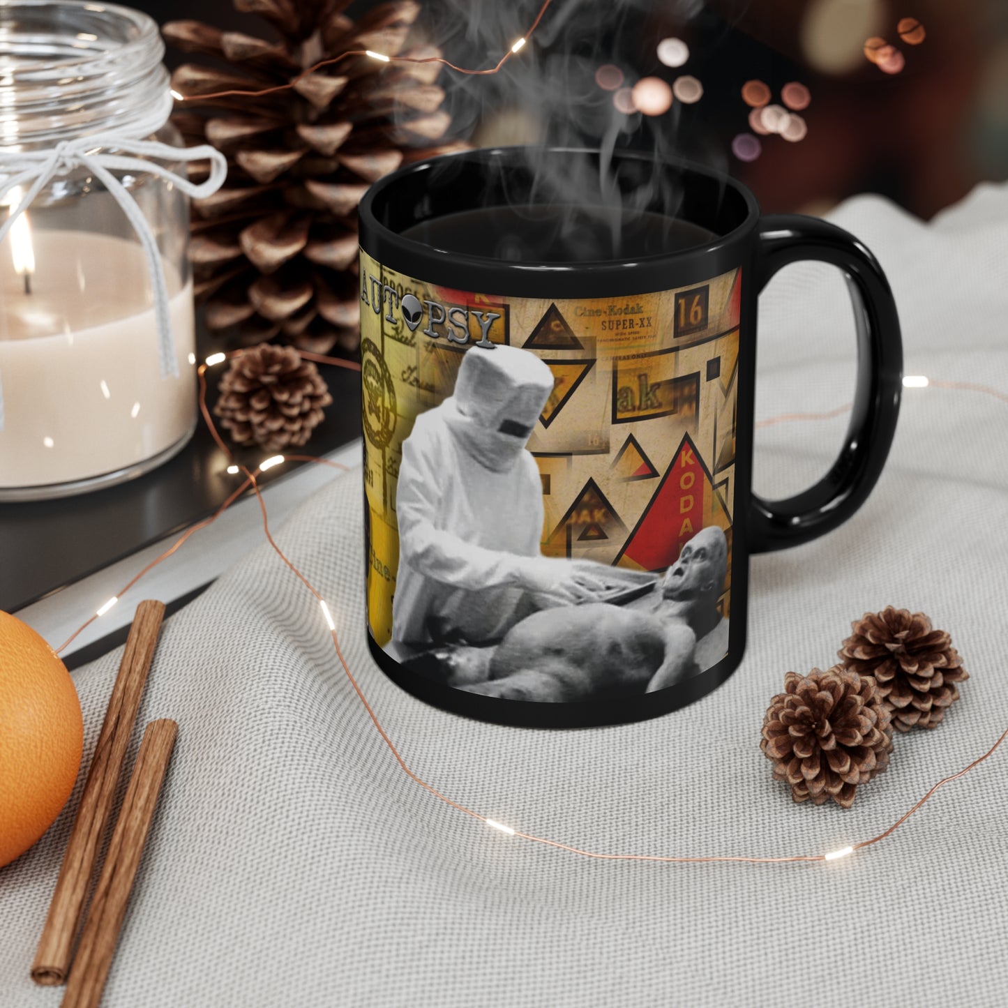 ALIEN AUTOPSY MONTAGE BLACK GLOSSY MUG 11 OZ