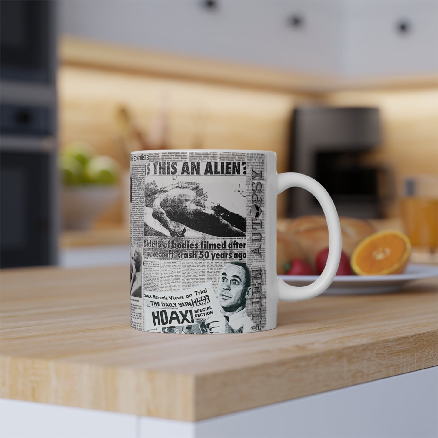 ALIEN AUTOPSY NEWSPAPERS WHITE GLOSSY MUG 11 OZ