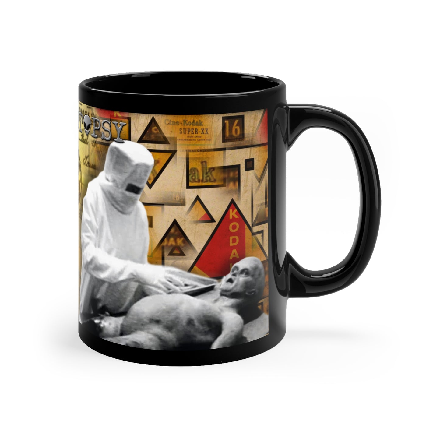 ALIEN AUTOPSY MONTAGE BLACK GLOSSY MUG 11 OZ