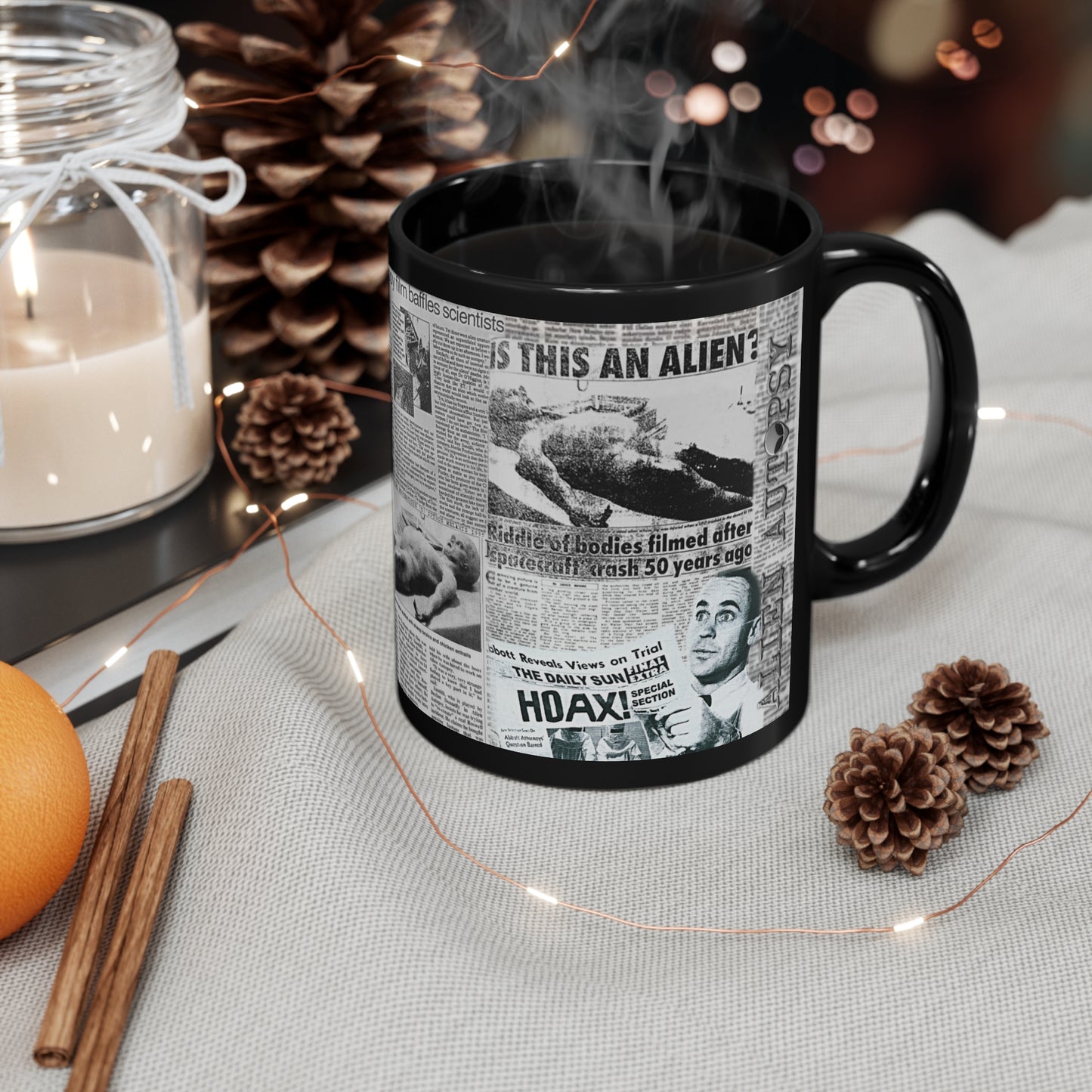 ALIEN AUTOPSY NEWSPAPERS BLACK GLOSSY MUG 11 OZ