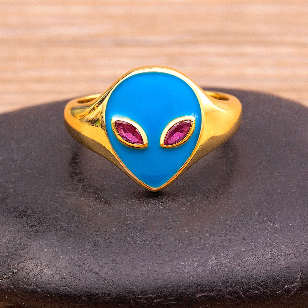 J Alien Finger Ring Alien Shape /UFO Gold Plated 8 Colours for Women Couple Enamel Stackable Finger Ring Adjustable Jewellery