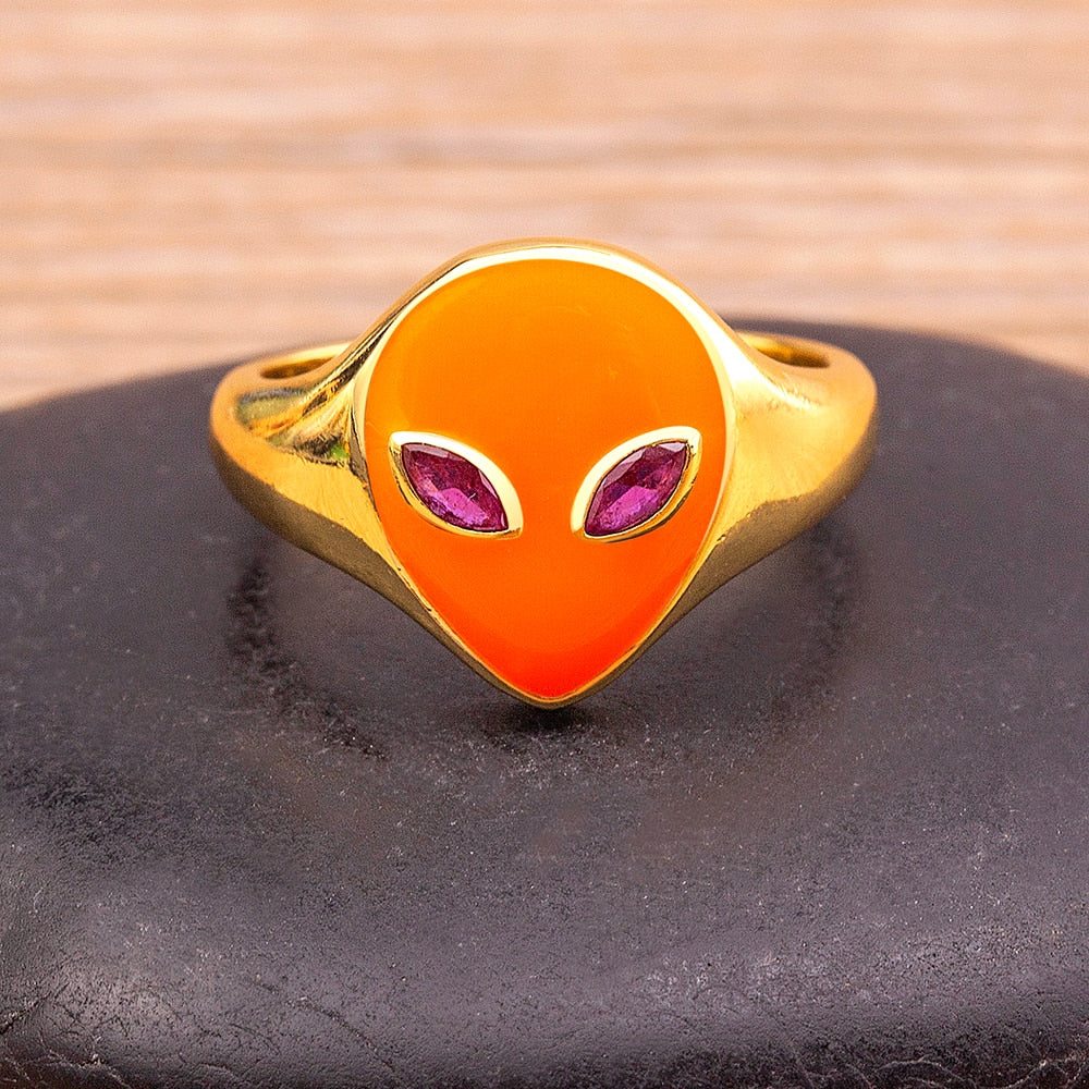 J Alien Finger Ring Alien Shape /UFO Gold Plated 8 Colours for Women Couple Enamel Stackable Finger Ring Adjustable Jewellery