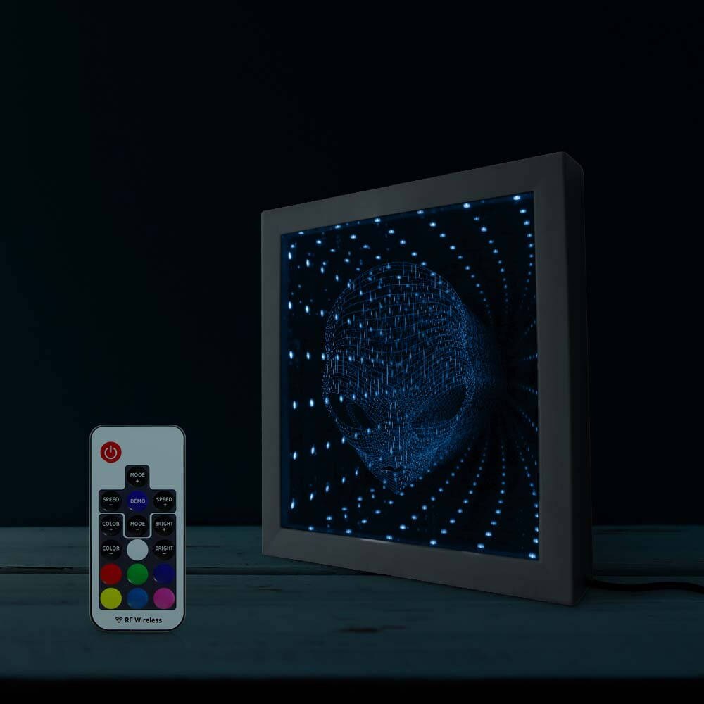GA 3D Alien Infinity Mirror Stunning Optical Illusion Lit Mirror Alien Face Illusion LED Vortex Tunnel Mirror Frame