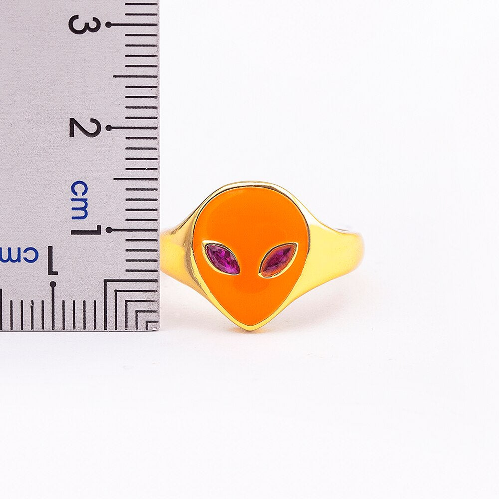 J Alien Finger Ring Alien Shape /UFO Gold Plated 8 Colours for Women Couple Enamel Stackable Finger Ring Adjustable Jewellery