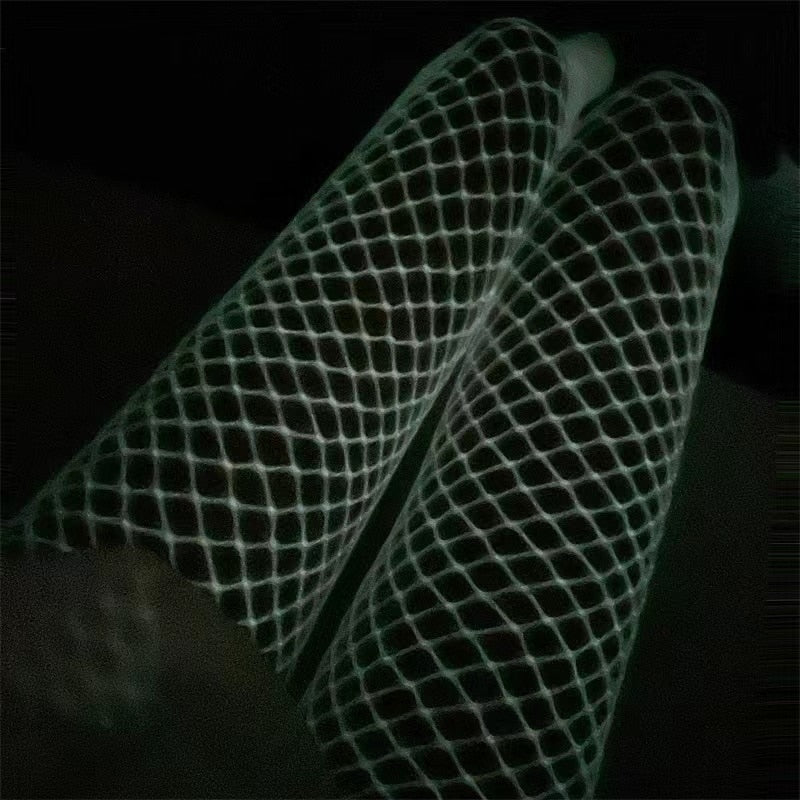 WW Luminous Fishnet Stockings One-pieces Mesh Leggings Tights High Waist Pantyhose Perspective Glow In The Dark Lingerie