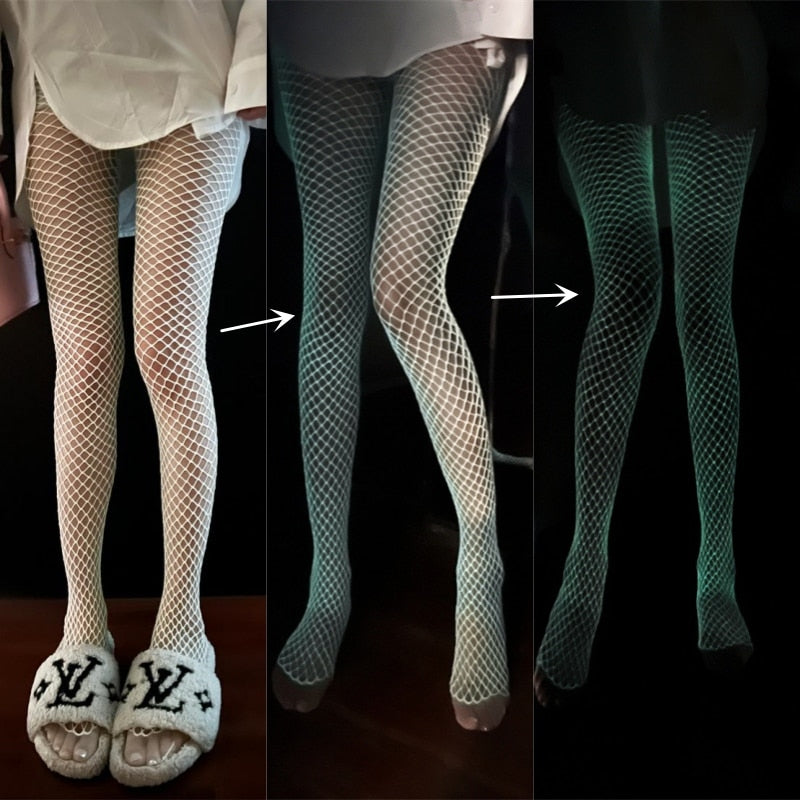 WW Luminous Fishnet Stockings One-pieces Mesh Leggings Tights High Waist Pantyhose Perspective Glow In The Dark Lingerie
