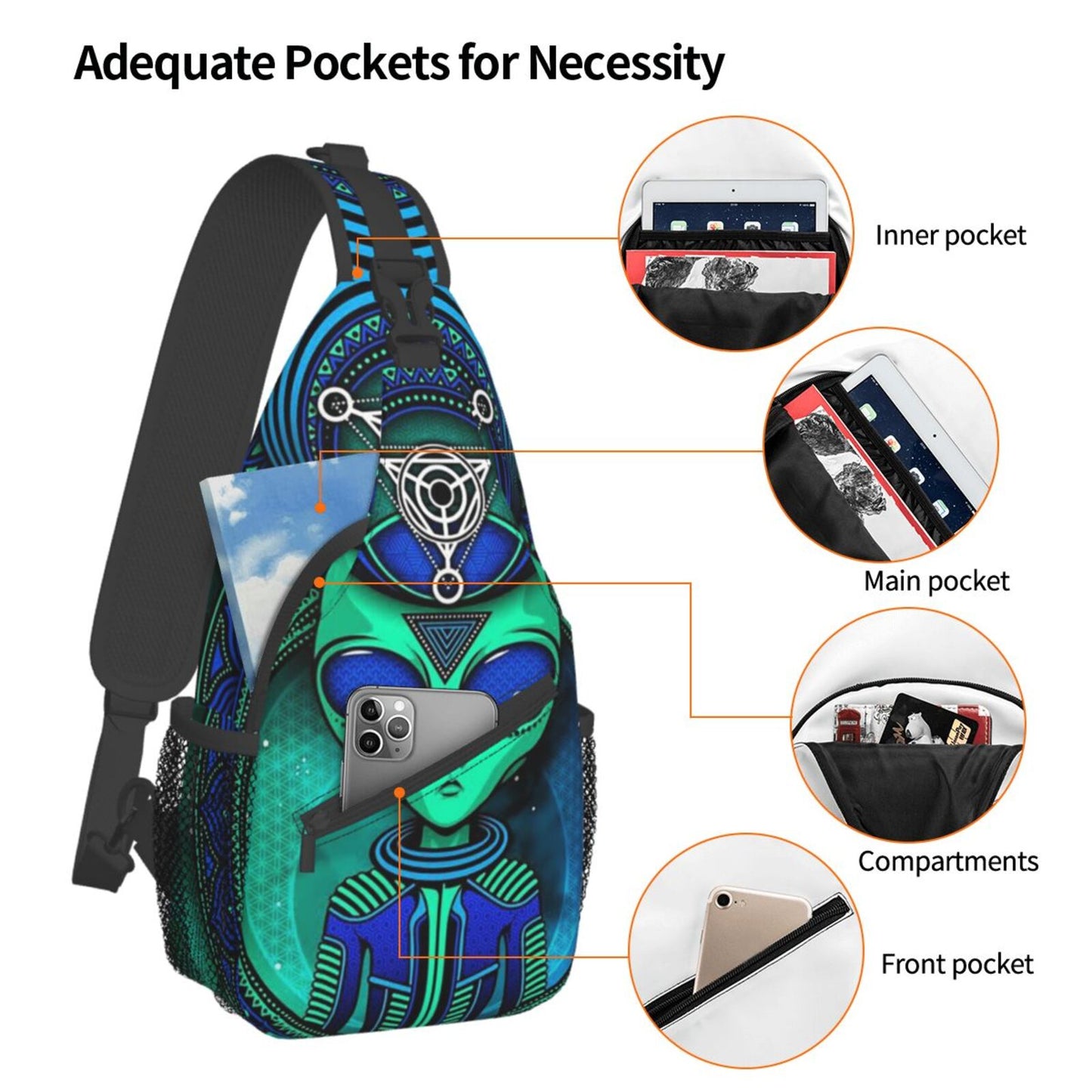 B 'UFO Cool Alien Crossbody Backpack' and Triangle In Lotus for Unisex Young Adult Hiking Sling Chest Bag Gym Bag Travel Bag
