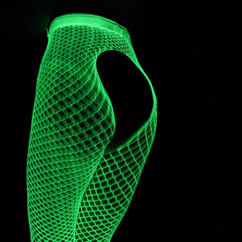WW Luminous Fishnet Stockings One-pieces Mesh Leggings Tights High Waist Pantyhose Perspective Glow In The Dark Lingerie