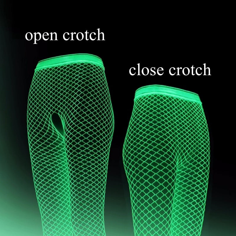 WW Luminous Fishnet Stockings One-pieces Mesh Leggings Tights High Waist Pantyhose Perspective Glow In The Dark Lingerie