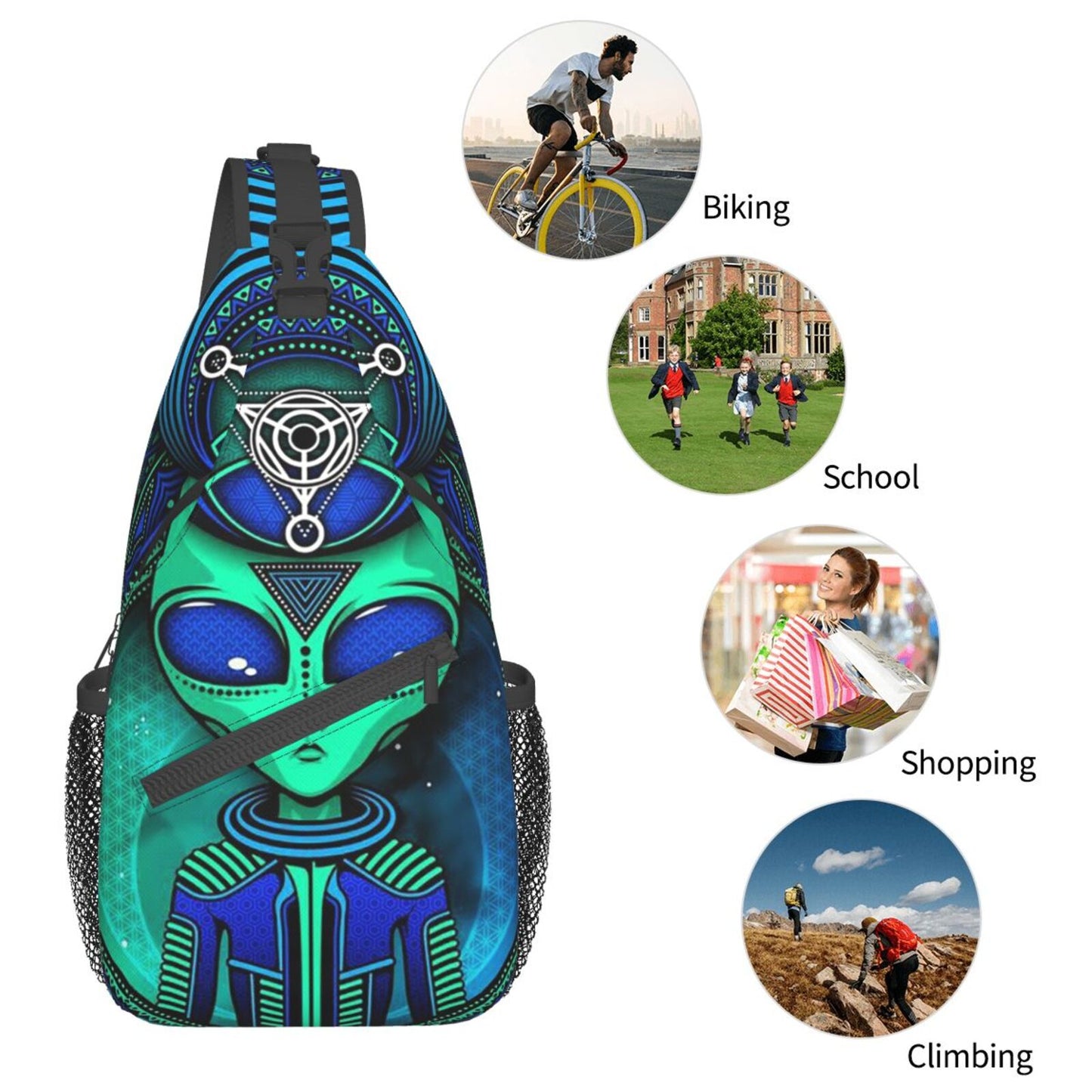 B 'UFO Cool Alien Crossbody Backpack' and Triangle In Lotus for Unisex Young Adult Hiking Sling Chest Bag Gym Bag Travel Bag