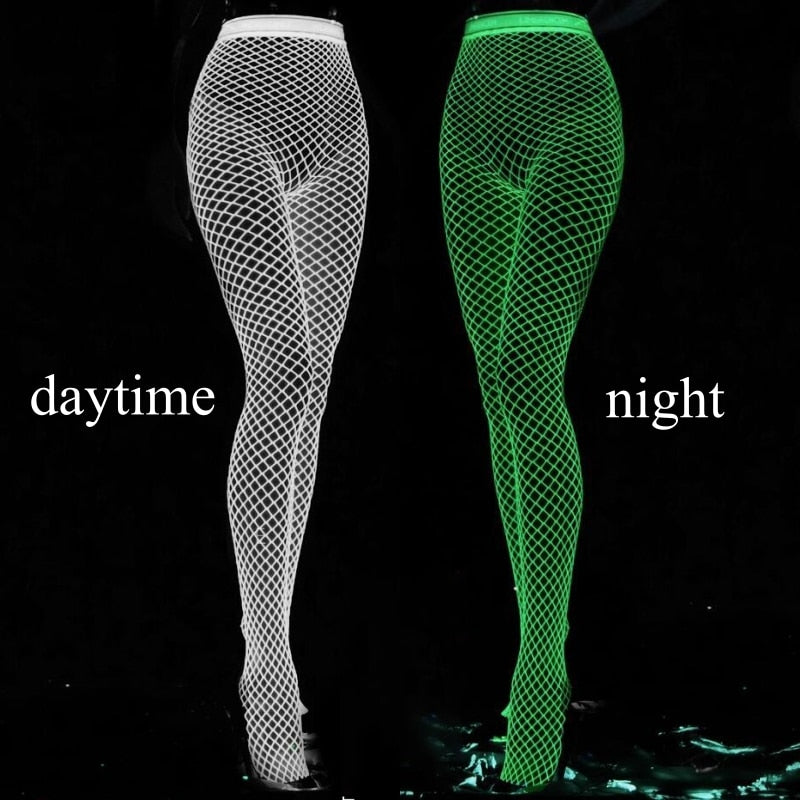 WW Luminous Fishnet Stockings One-pieces Mesh Leggings Tights High Waist Pantyhose Perspective Glow In The Dark Lingerie